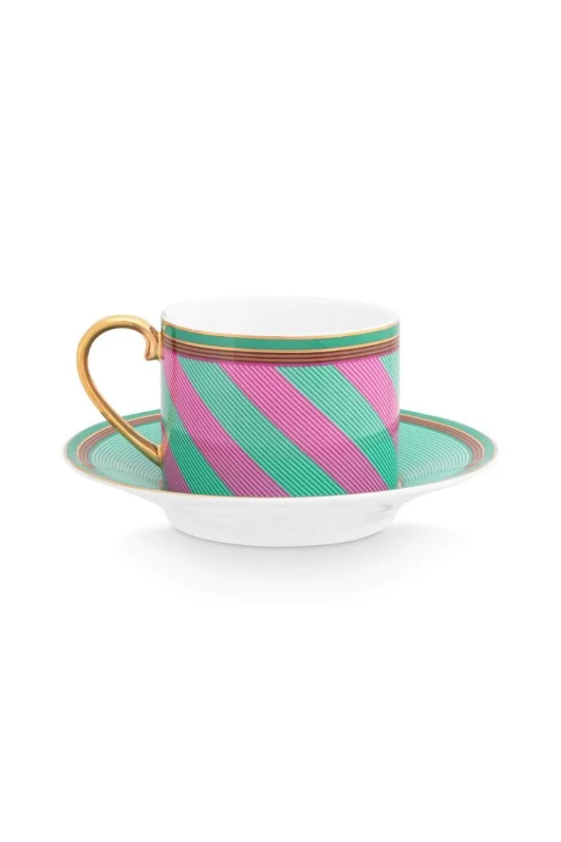 Pip Chique Stripes Cappuccino Kop & Schotel Roze/Groen